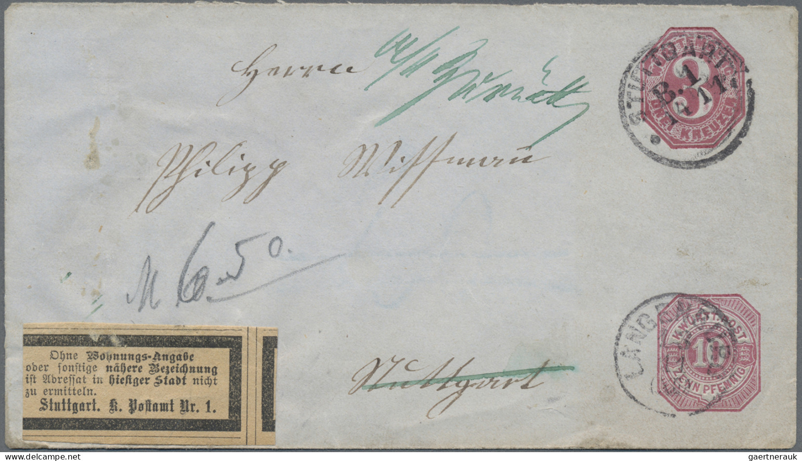 Württemberg - Ganzsachen: 1875, Aufbrauchsganzsache 10 Pfg./3 Kr., Umschlag Aus - Sonstige & Ohne Zuordnung