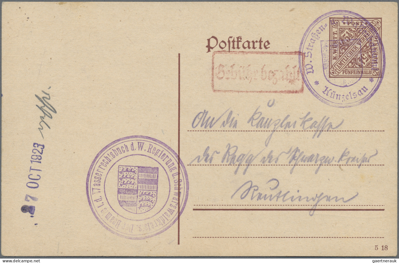 Württemberg - Ganzsachen: 1923, Fernpostkarte Von Künzelsau Nach Reutlingen Mit - Autres & Non Classés