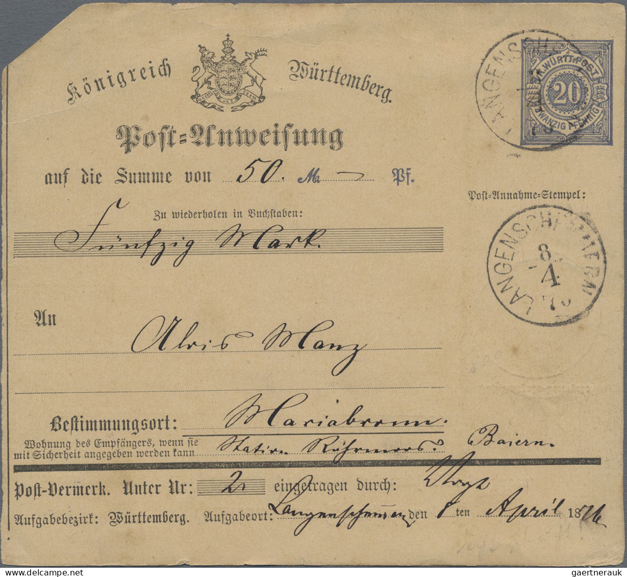 Württemberg - Postanweisungen: 1876, Postanweisung 20 Pfg. Grauultramarin über 5 - Other & Unclassified