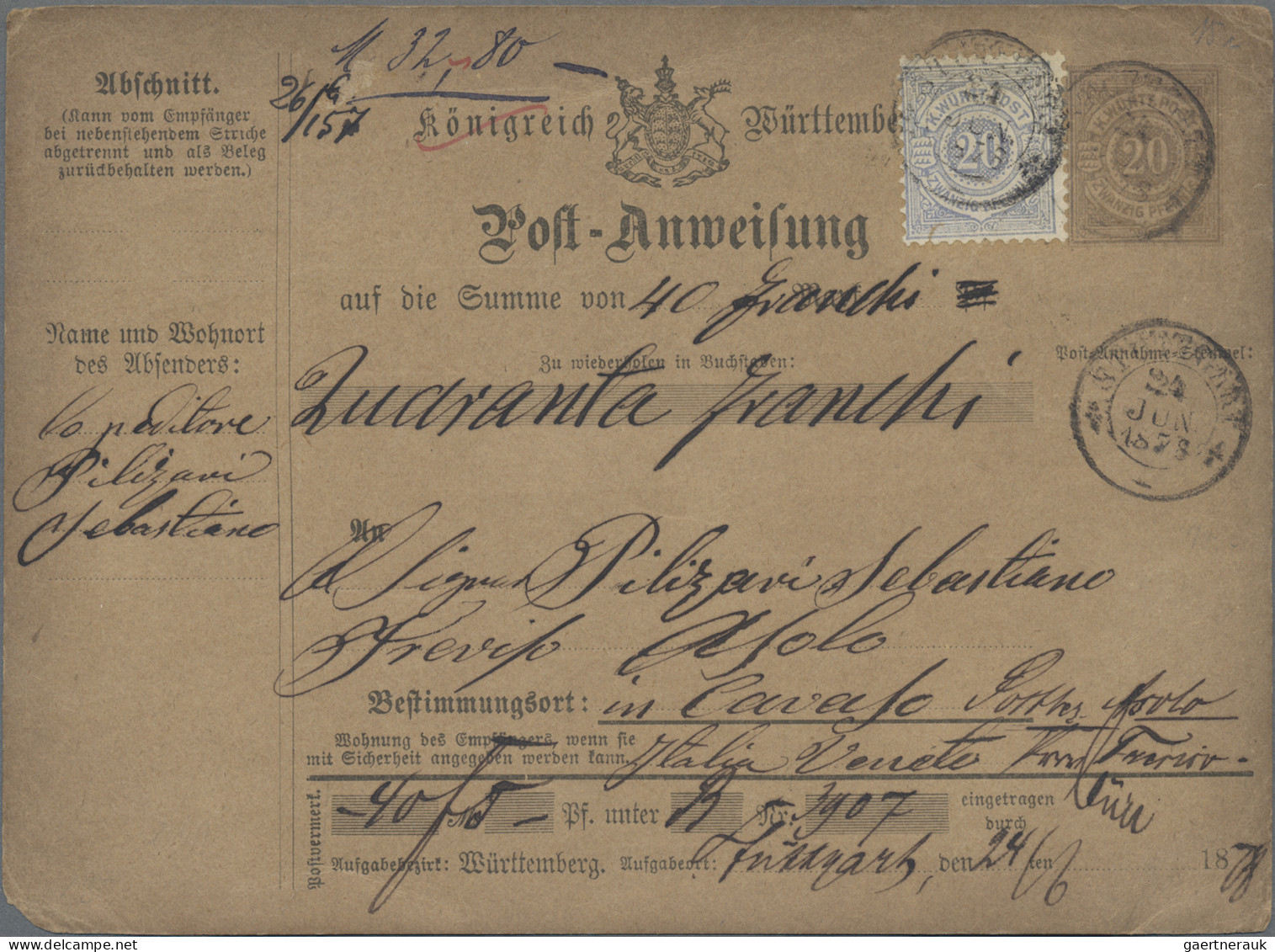 Württemberg - Postanweisungen: 1878, Inlandspostanweisung 20 Pfg. Graublau Mit Z - Other & Unclassified