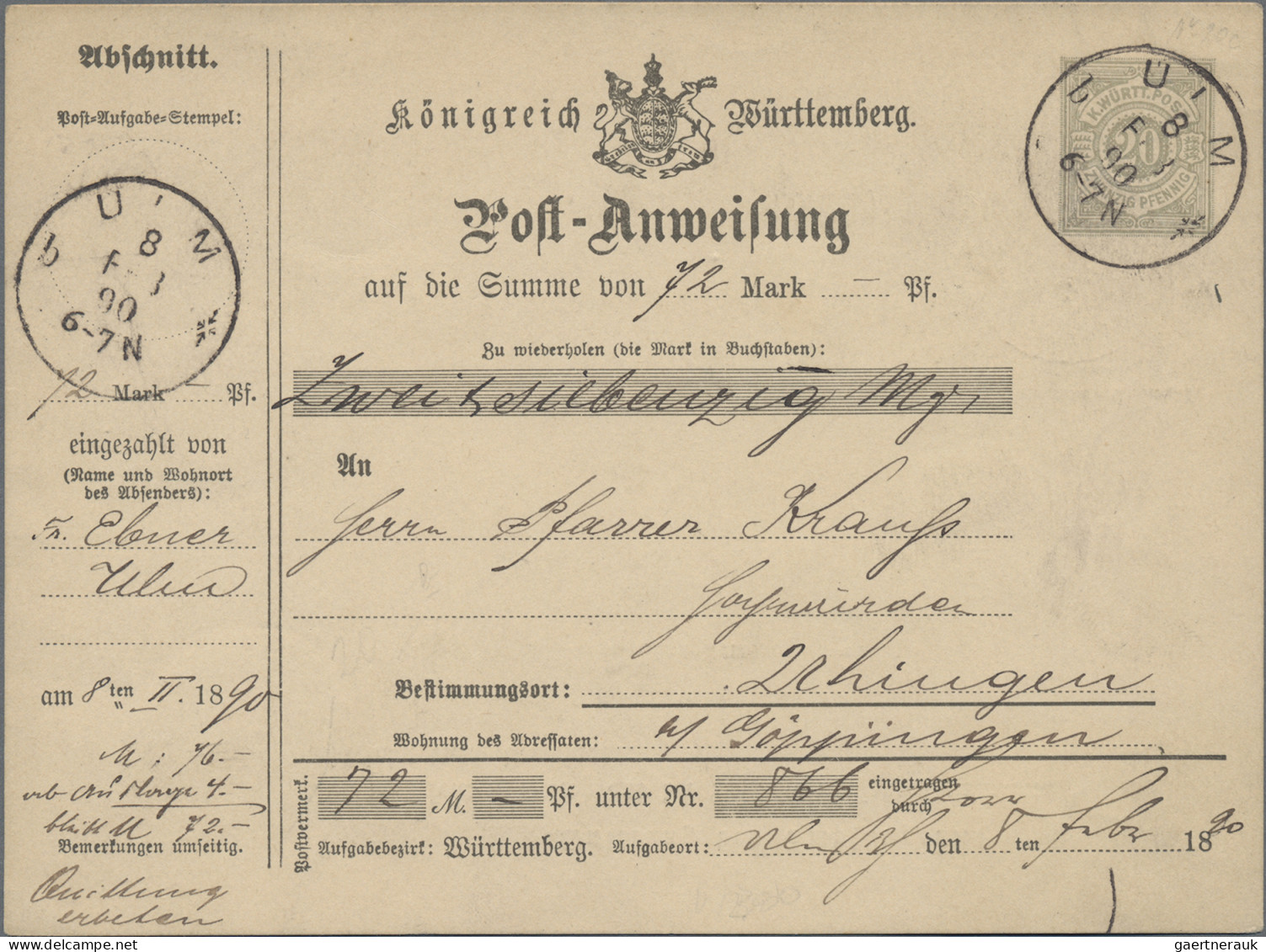 Württemberg - Postanweisungen: 1890, Postanweisung 20 Pfg. Grüngrau über 72 Mark - Andere & Zonder Classificatie