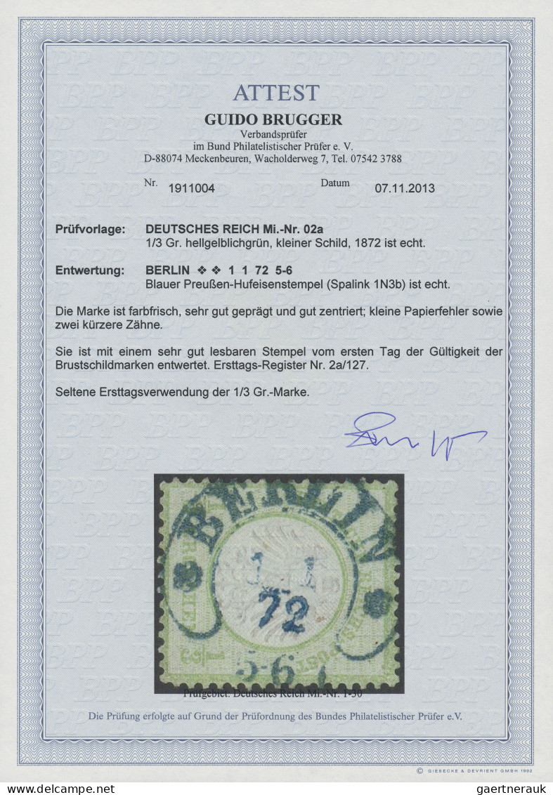 Deutsches Reich - Brustschild: 1872, Kleiner Schild ⅓ Gr. Gelblichgrün, Farbfris - Used Stamps