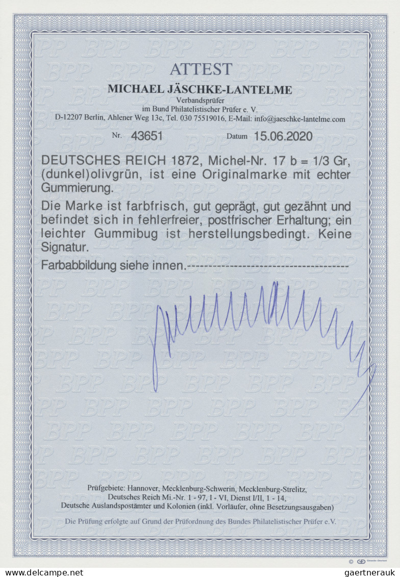 Deutsches Reich - Brustschild: 1872, Großer Schild ⅓ Gr. Dunkelolivgrün, Farbtie - Ungebraucht