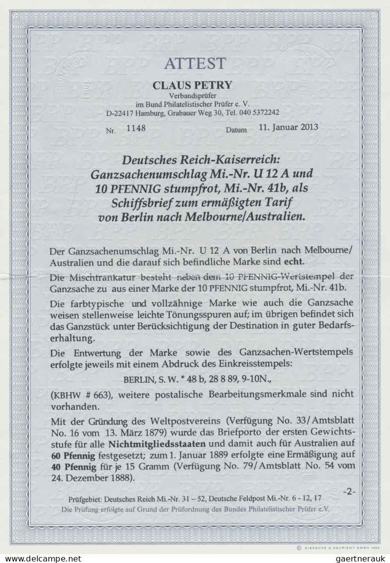 Deutsches Reich - Pfennig: 1889 "Schiffsbrief": Ganzsachenumschlag 10 Pf. Mit Zu - Other & Unclassified