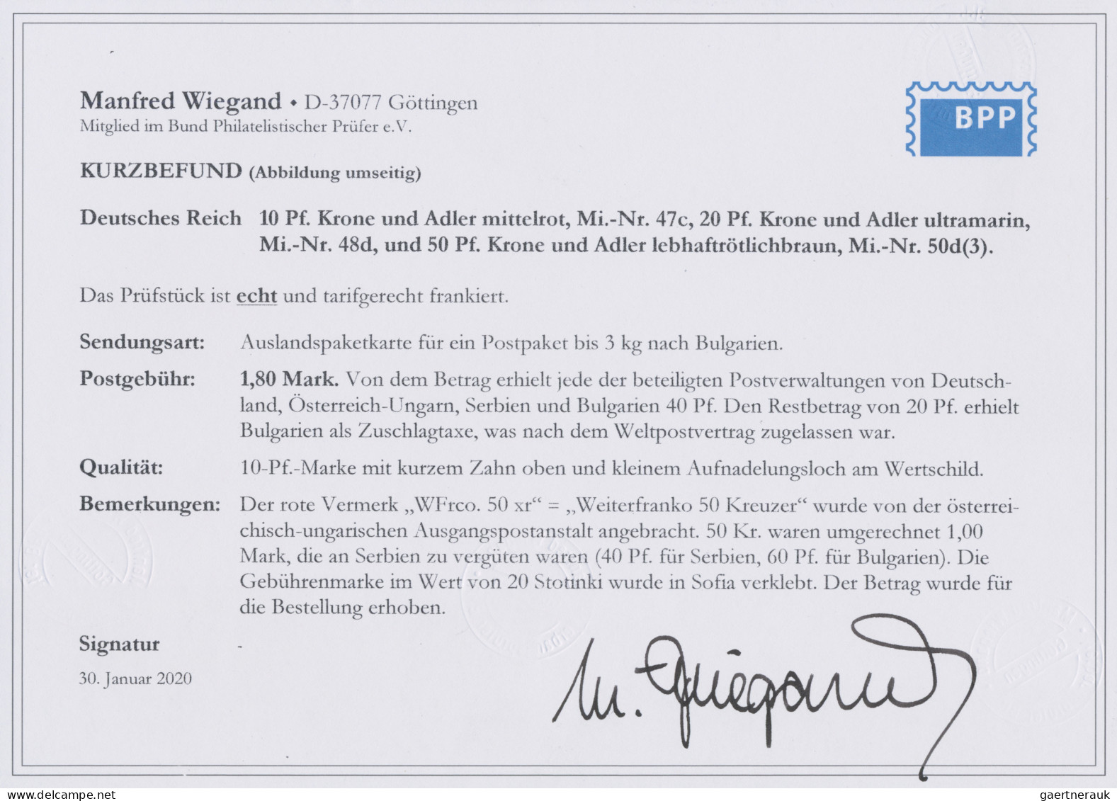 Deutsches Reich - Krone / Adler: 1893, Drei Werte 50 Pf Krone/Adler In Mischfran - Briefe U. Dokumente