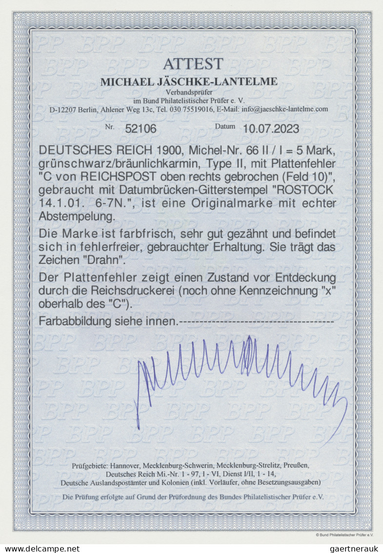 Deutsches Reich - Germania: 1900, 5 Mark Reichspost Type II Mit PF "C" Von "REIC - Gebraucht