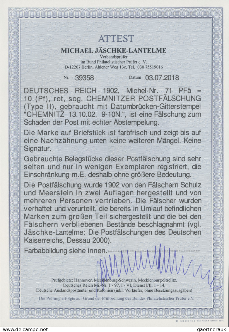 Deutsches Reich - Germania: 1902, 10 Pfg. Germania, CHEMNITZER POSTFÄLSCHUNG, Ge - Sonstige & Ohne Zuordnung