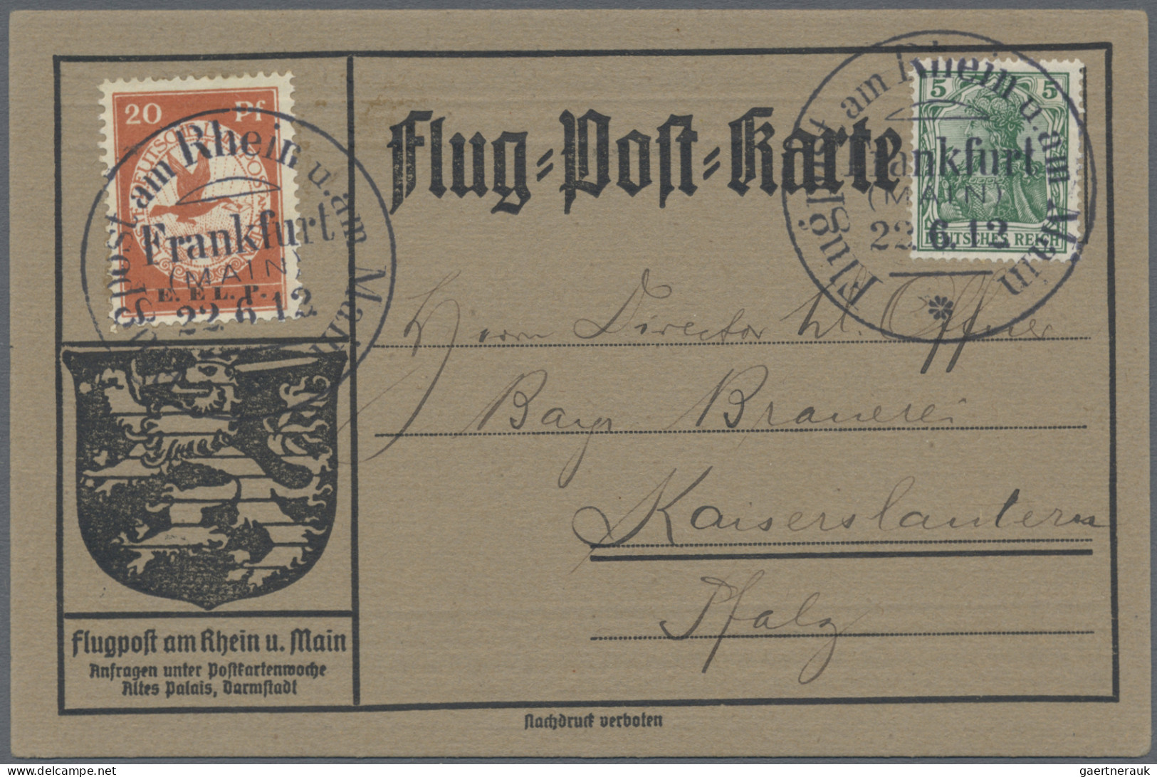 Deutsches Reich - Germania: 1912, Flugpost Rhein/Main, 20 Pf. Mit Aufdruck E.EL. - Otros & Sin Clasificación