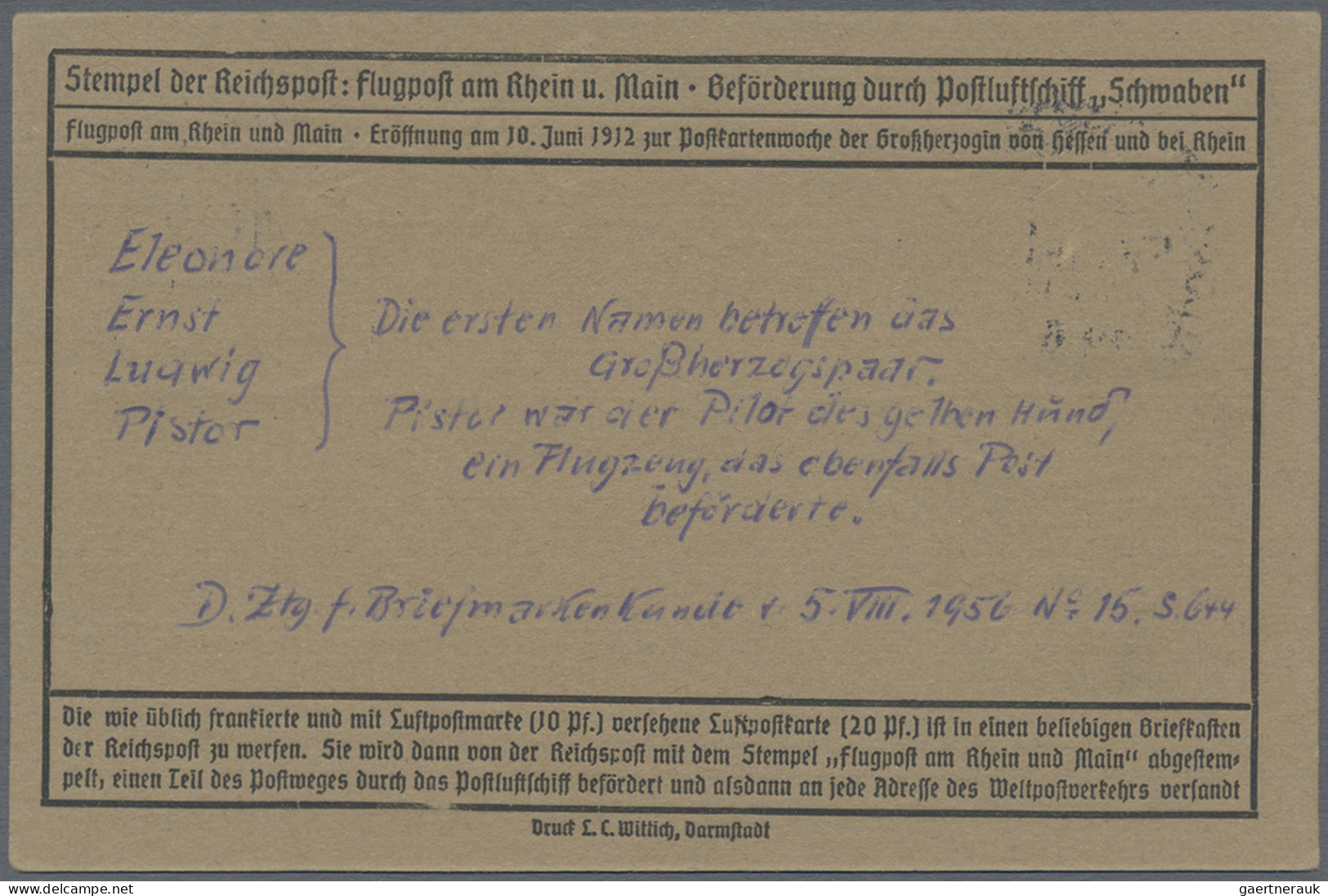 Deutsches Reich - Germania: 1912, Flugpost Rhein/Main, 20 Pf. Mit Aufdruck E.EL. - Andere & Zonder Classificatie