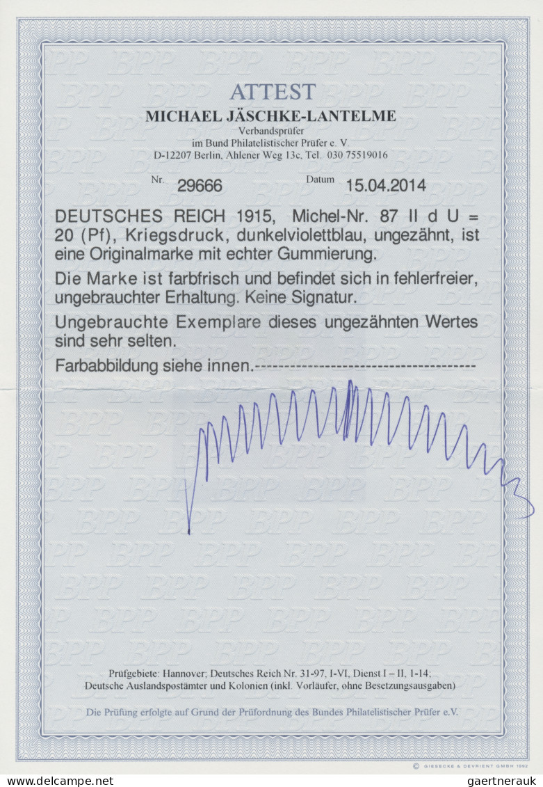 Deutsches Reich - Germania: 1915, 20 Pfg Dunkelviolettblau Kriegsdruck, UNGEZÄHN - Ongebruikt