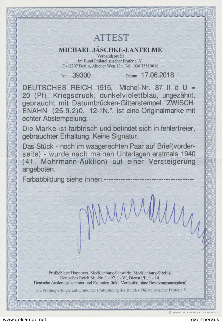 Deutsches Reich - Germania: 1915, 20 Pfg Dunkelviolettblau Kriegsdruck, Ungezähn - Used Stamps