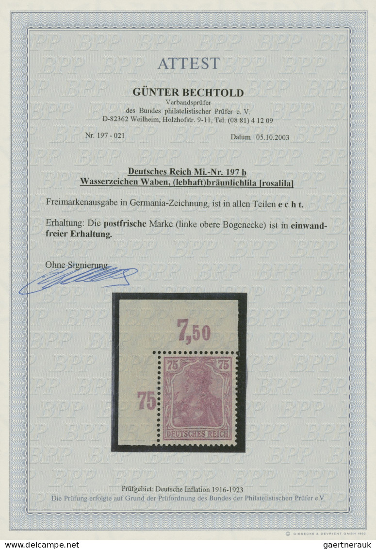 Deutsches Reich - Inflation: 1922, Germania 75 Pfg. Lilakarmin Aus Der Bogenecke - Ungebraucht