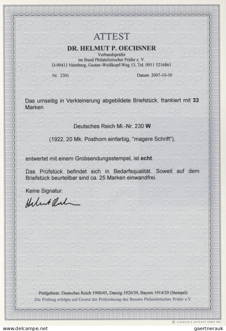 Deutsches Reich - Inflation: 1922, Posthorn 20 Mark Grauviolett, Drei 11er-Strei - Other & Unclassified