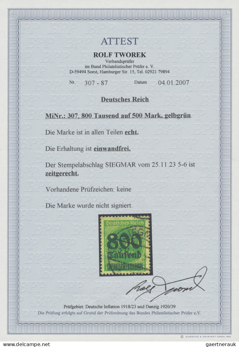 Deutsches Reich - Inflation: 1923, 800 Tsd A. 500 Mark Gelbgrün, Zeitgerecht Ent - Used Stamps