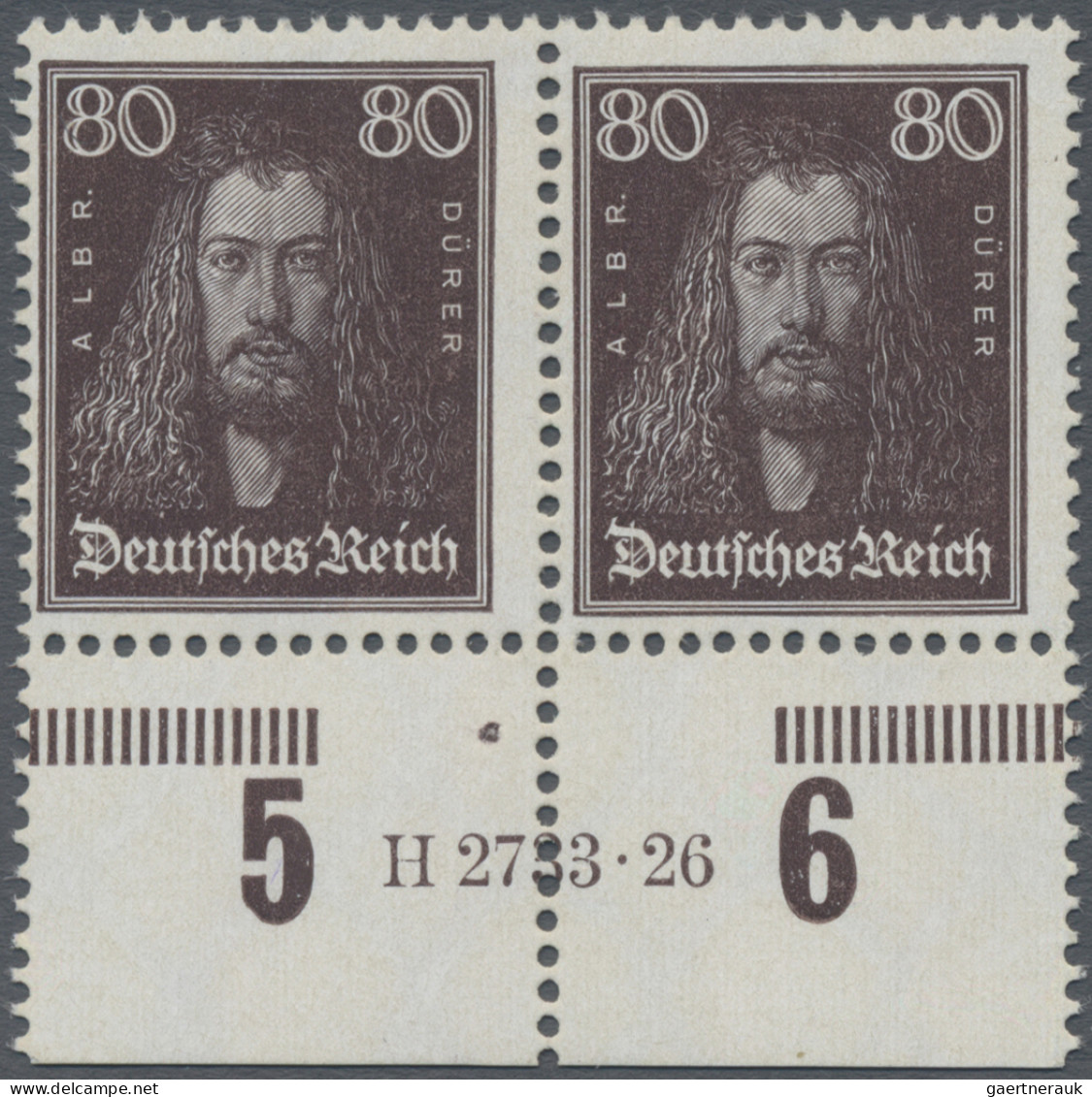 Deutsches Reich - Weimar: 1926 'Dürer' 80 Pf. Lilabraun, Unterrandpaar Mit HAN " - Unused Stamps