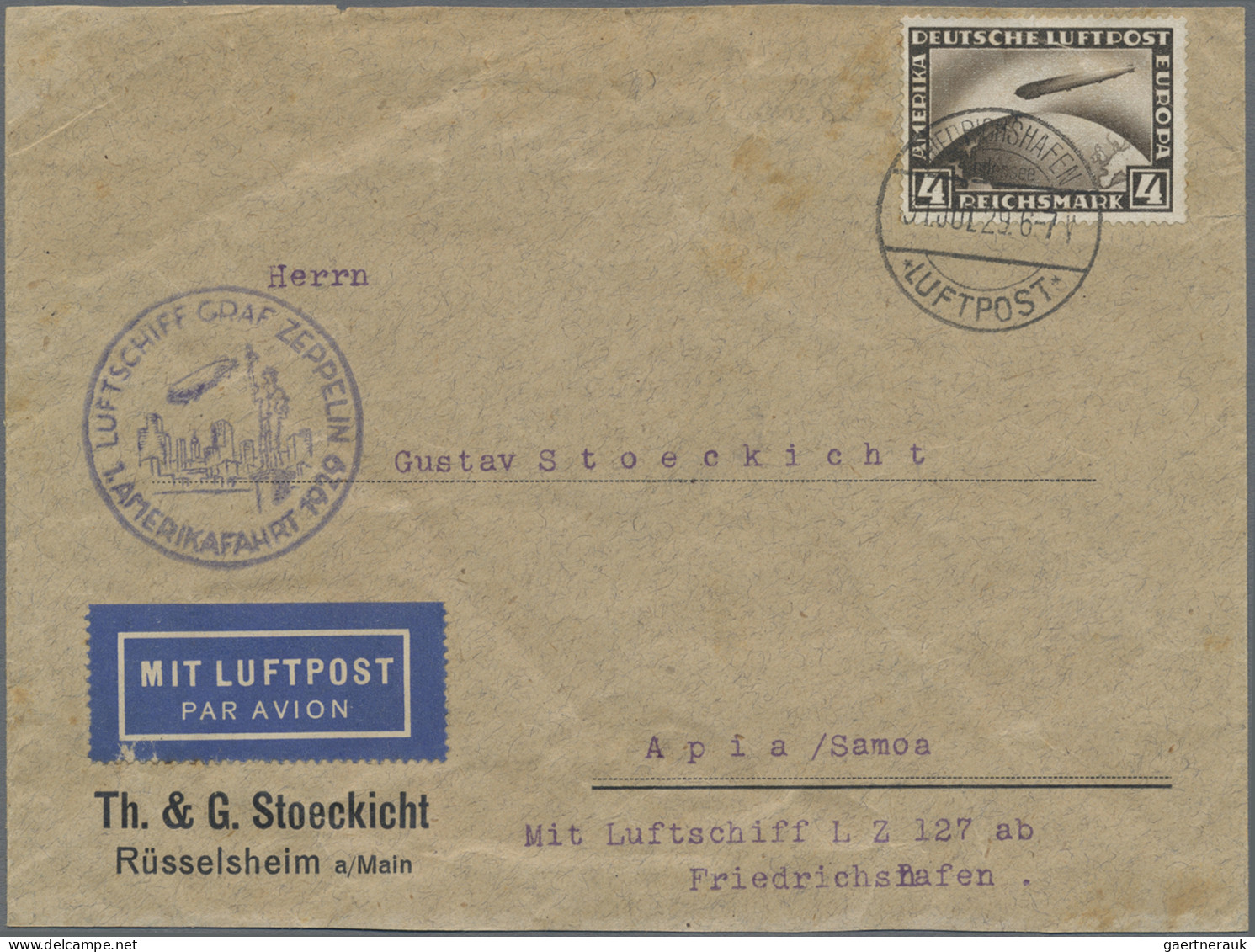 Deutsches Reich - Weimar: 1929/1936, Destination SAMOA, Zwei Briefe: 4 RM Zeppel - Briefe U. Dokumente