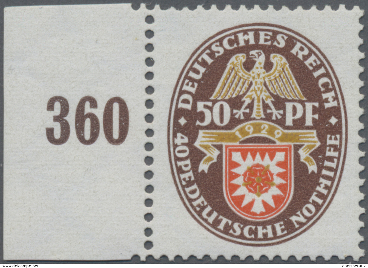 Deutsches Reich - Weimar: 1929, 50 + 40 Pf Nothilfe 'Landeswappen', Linkes Rands - Ungebraucht