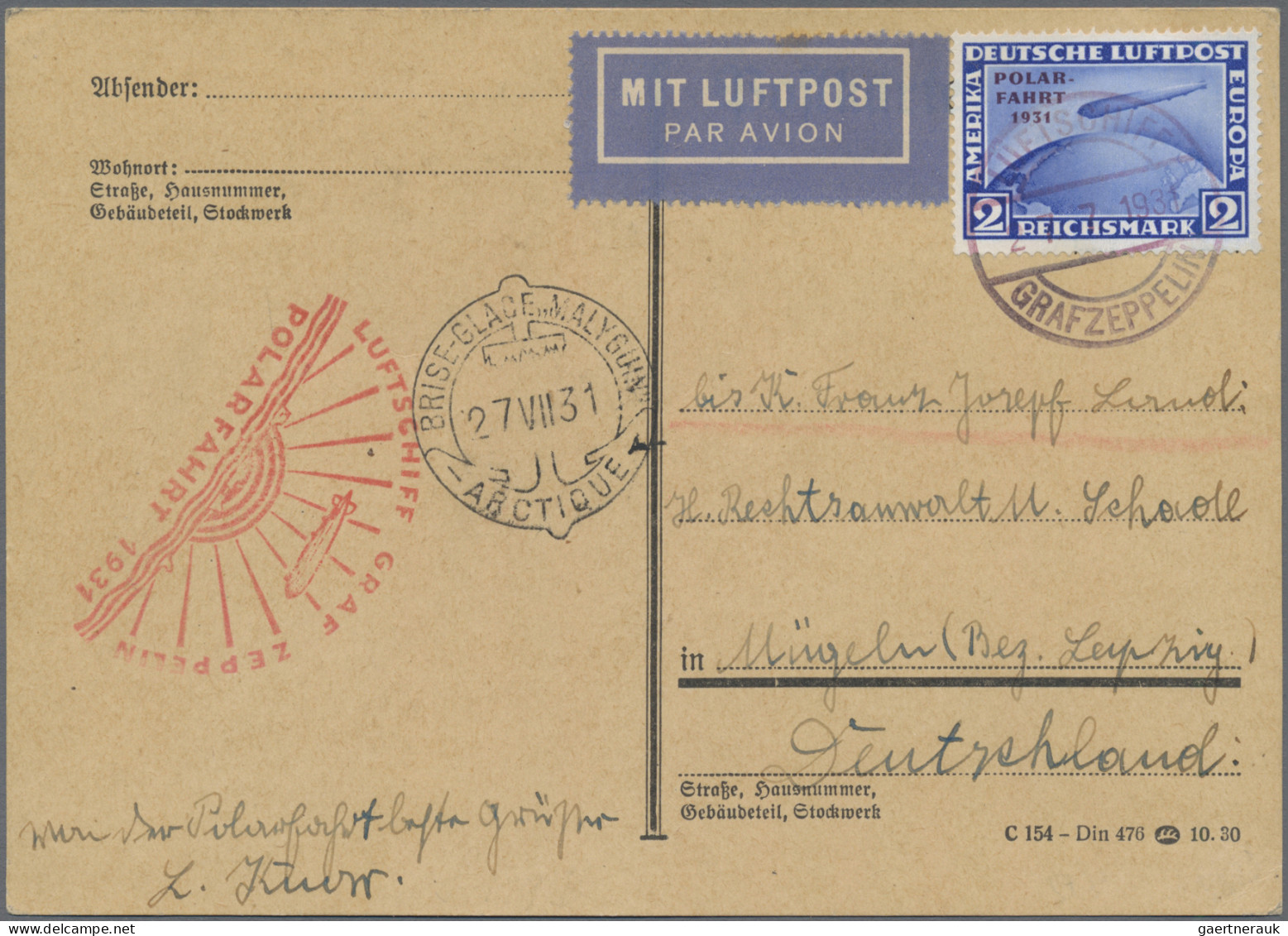 Deutsches Reich - Weimar: 1931, Polarfahrt, 2 RM Auf Zeppelinkarte, Bordpost, Bi - Briefe U. Dokumente