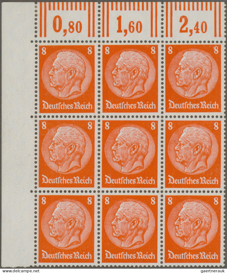 Deutsches Reich - 3. Reich: 1934, Freimarken 8 Pf Hindenburg Im Postfrischen 9er - Unused Stamps