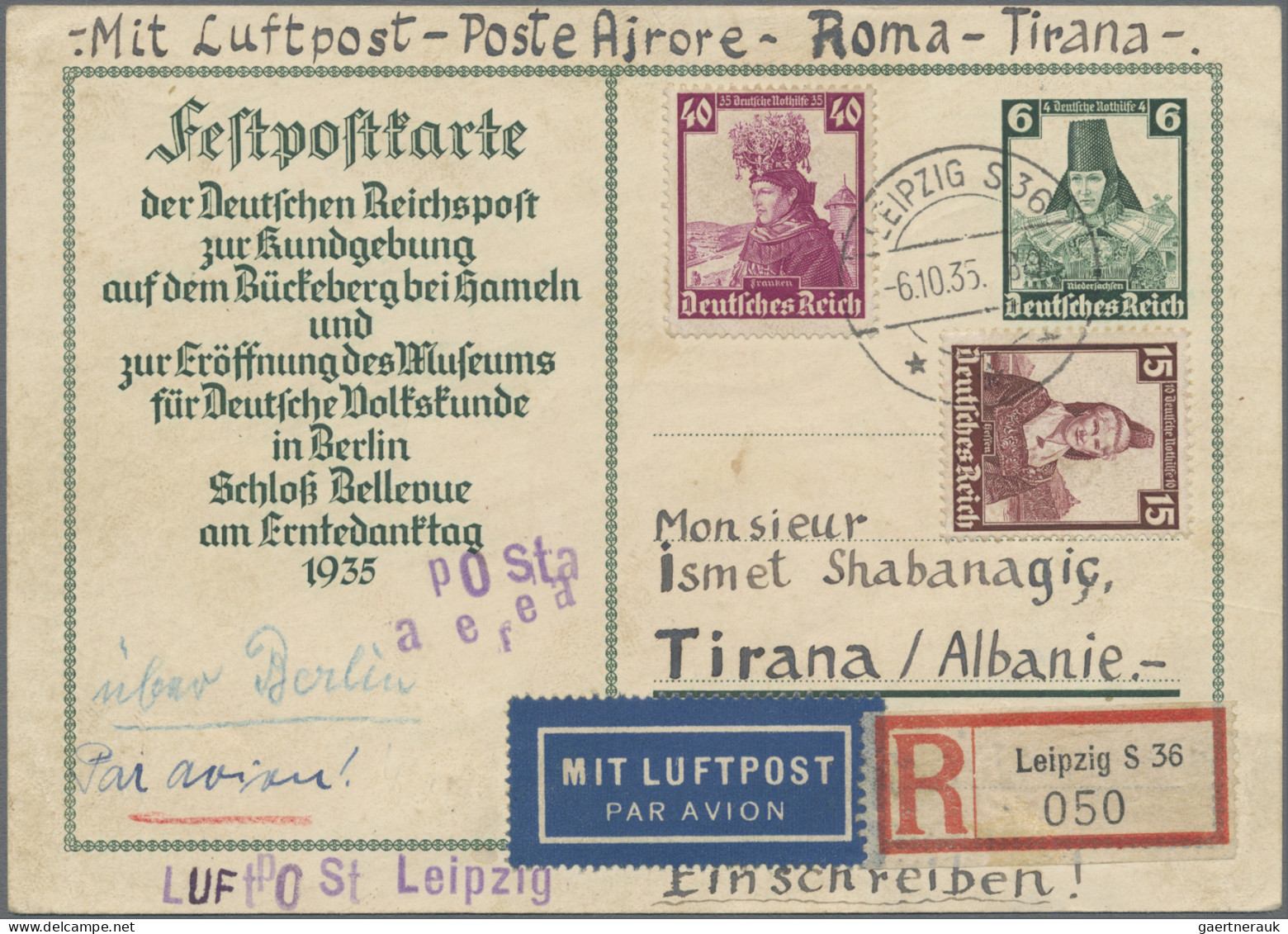 Deutsches Reich - 3. Reich: 1935/1943, Destination ALBANIEN, Zwei Belege: Ganzsa - Covers & Documents