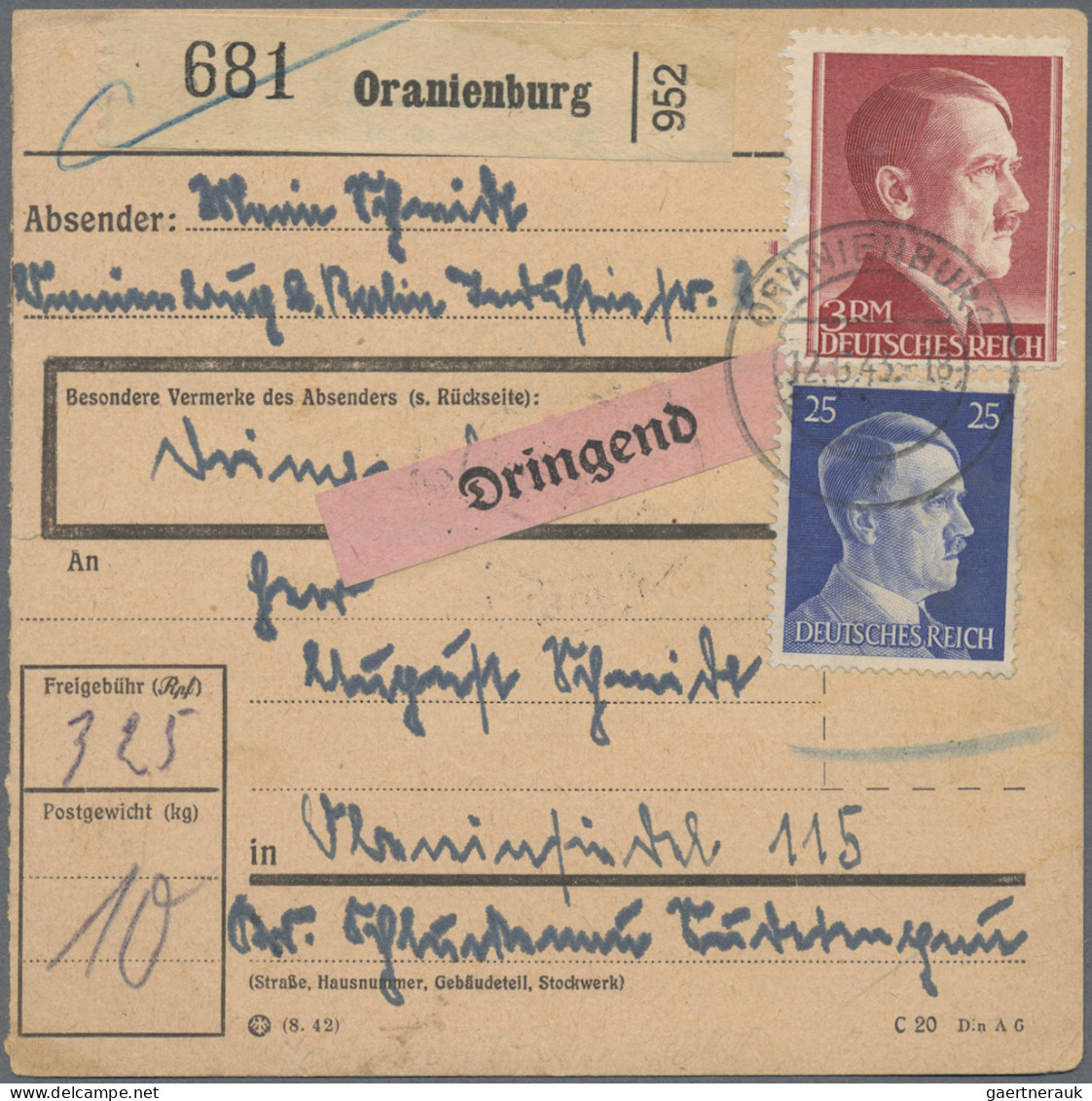 Deutsches Reich - 3. Reich: 1942, 3 M Hitler In A-Zähnung Als MiF Mit 25 Pf Aus - Briefe U. Dokumente