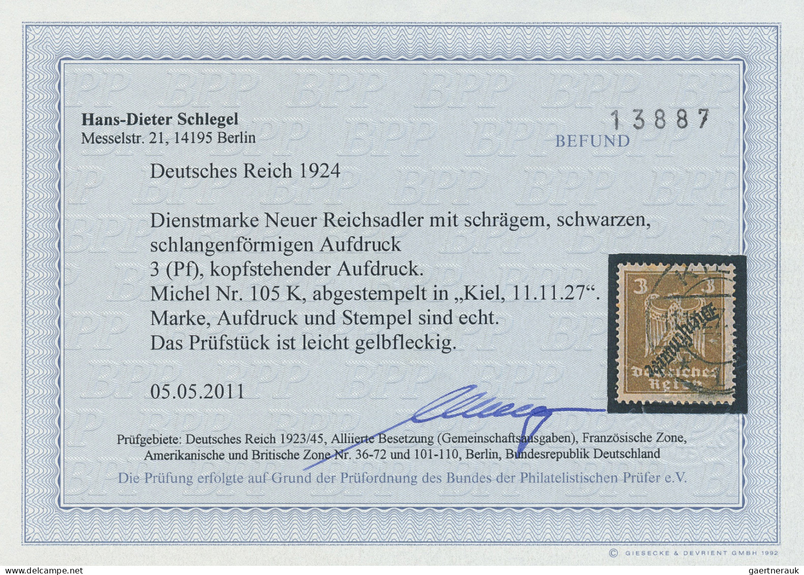 Deutsches Reich - Dienstmarken: 1924, Dienstmarke Neuer Reichsadler 3 Pf Mit Kop - Officials