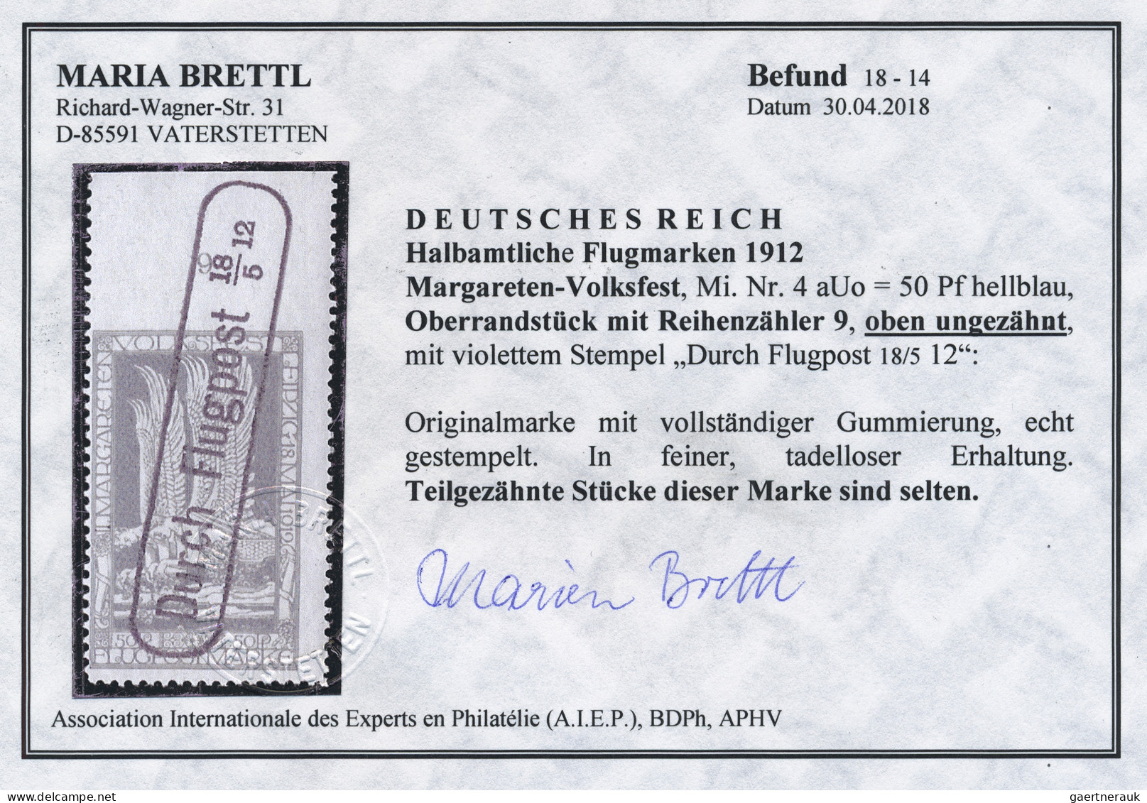 Deutsches Reich - Halbamtliche Flugmarken: 1912, Flugmarke "Margareten-Volksfest - Poste Aérienne & Zeppelin