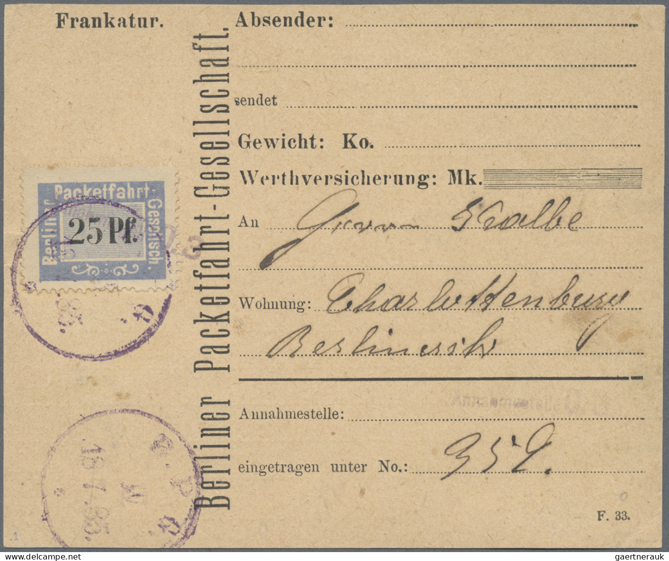 Deutsches Reich - Privatpost (Stadtpost): BERLIN: 1884 Berliner Packetfahrt: Pak - Privatpost