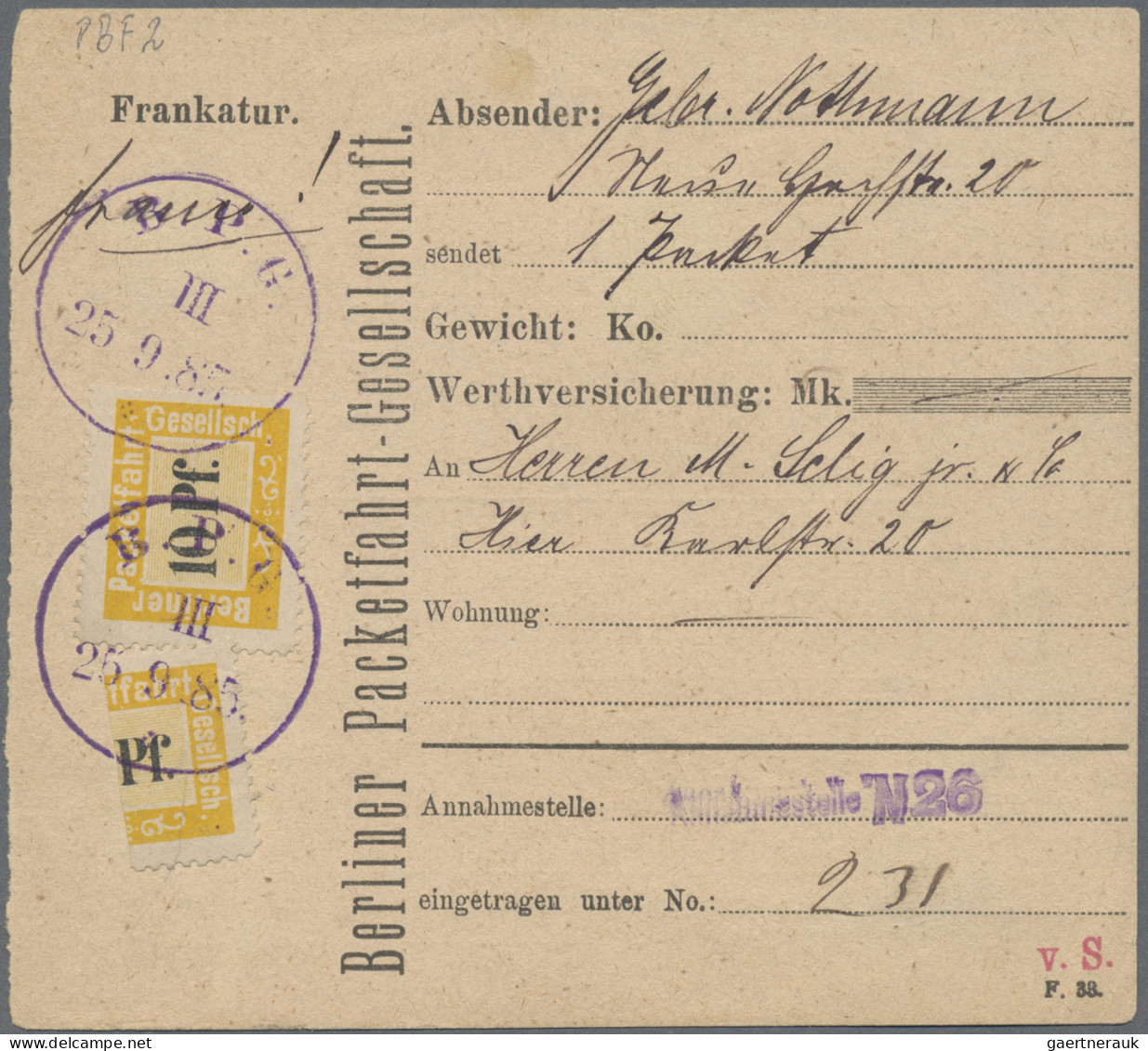 Deutsches Reich - Privatpost (Stadtpost): BERLIN: 1884 Berliner Packetfahrt: Pak - Privatpost