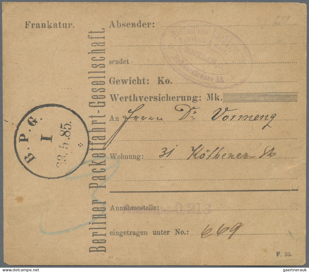 Deutsches Reich - Privatpost (Stadtpost): BERLIN: 1884 Berliner Packetfahrt: Pak - Privatpost