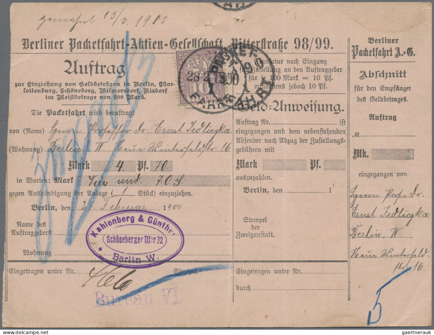 Deutsches Reich - Privatpost (Stadtpost): BERLIN: 1891 Packetfahrt Geldanweisung - Postes Privées & Locales