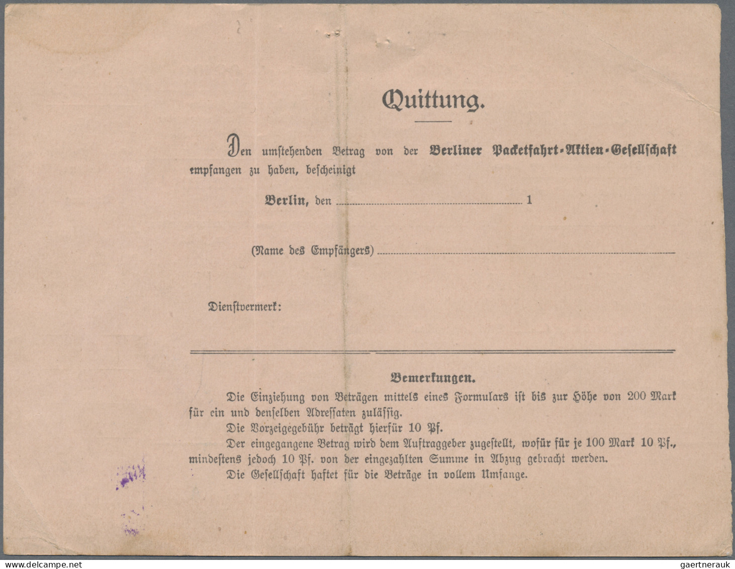 Deutsches Reich - Privatpost (Stadtpost): BERLIN: 1891 Packetfahrt Geldanweisung - Posta Privata & Locale