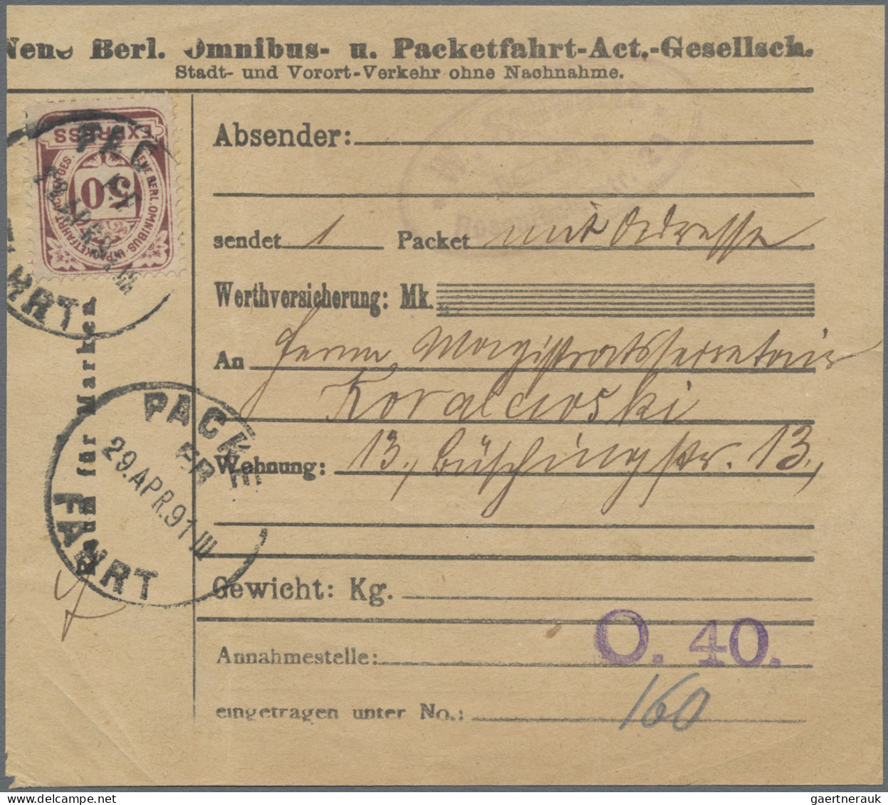 Deutsches Reich - Privatpost (Stadtpost): BERLIN: 1891, Packet-Fahrt, 50 Pfg. Vi - Posta Privata & Locale