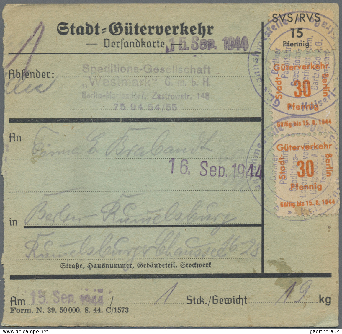 Deutsches Reich - Privatpost (Stadtpost): 1944, BERLIN/Stadt-Güter-Verkehr, 2x 3 - Correos Privados & Locales
