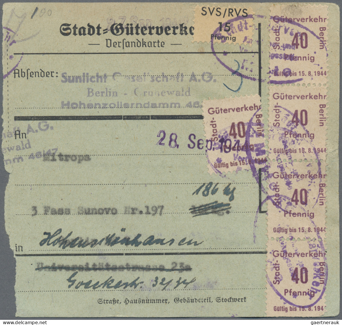 Deutsches Reich - Privatpost (Stadtpost): BERLIN: 1944, Stadt-Güter-Verkehr: Seh - Private & Local Mails