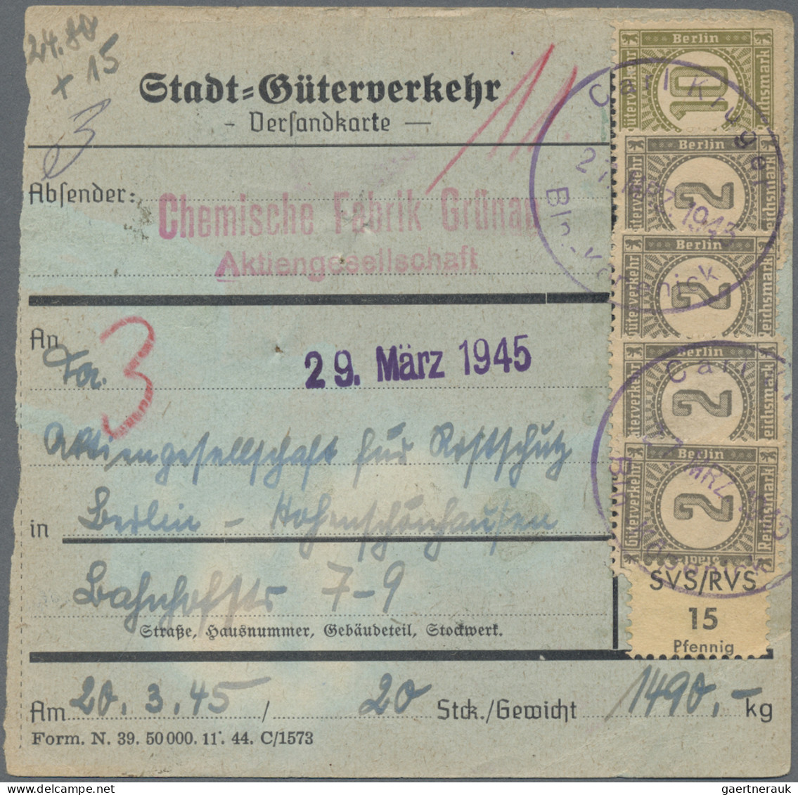 Deutsches Reich - Privatpost (Stadtpost): 1945, BERLIN/Stadt-Güter-Verkehr, 1x 1 - Private & Local Mails