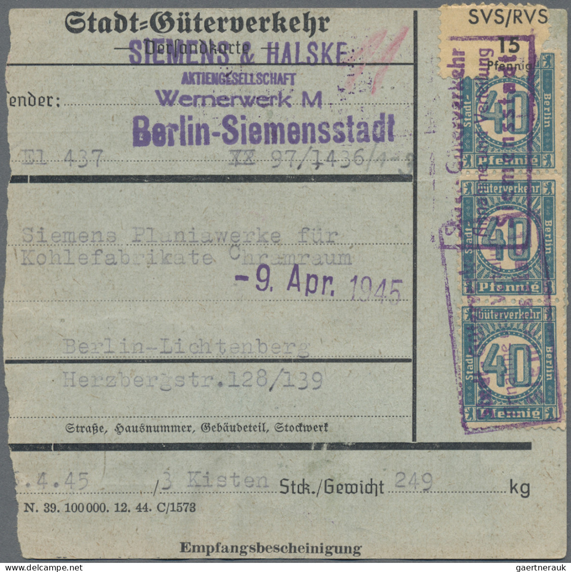 Deutsches Reich - Privatpost (Stadtpost): 1945, BERLIN/Stadt-Güter-Verkehr, 2x 3 - Privatpost