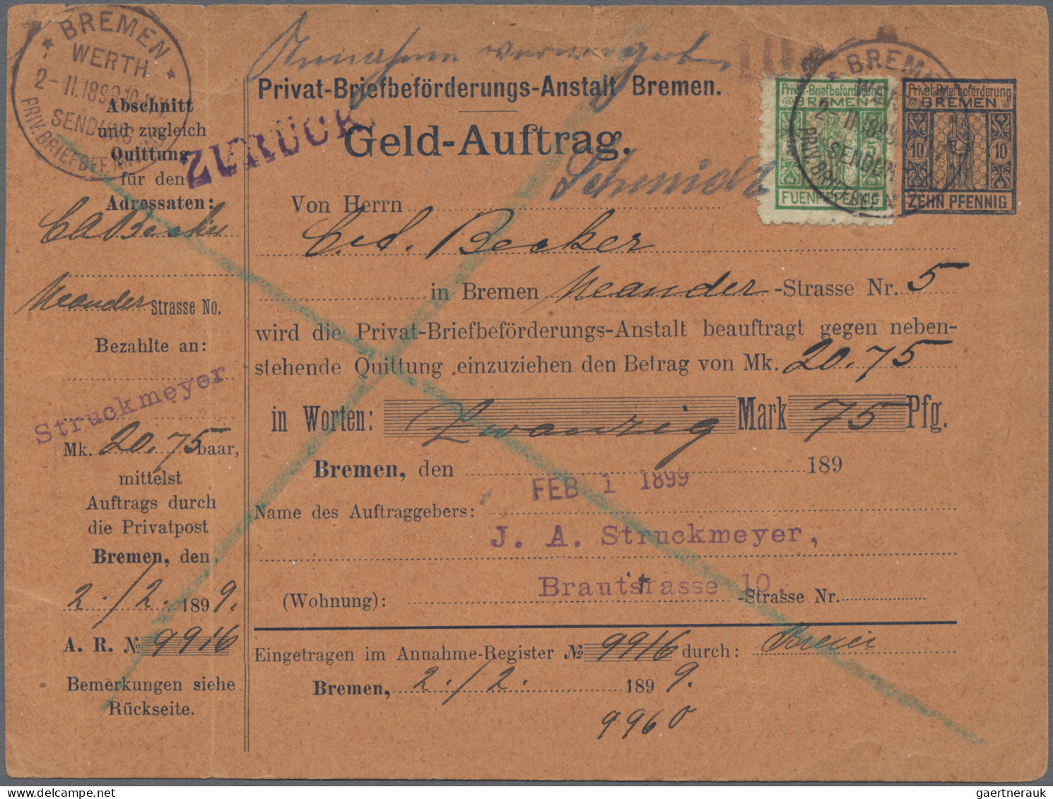 Deutsches Reich - Privatpost (Stadtpost): 1886/1900, BREMEN/Briefbeförderungsans - Private & Local Mails