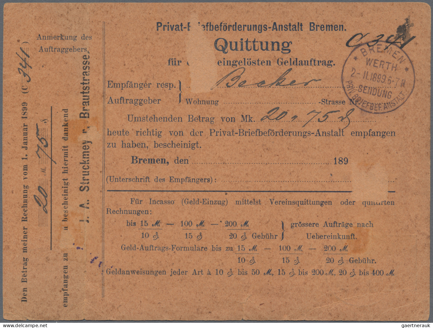 Deutsches Reich - Privatpost (Stadtpost): 1886/1900, BREMEN/Briefbeförderungsans - Private & Local Mails