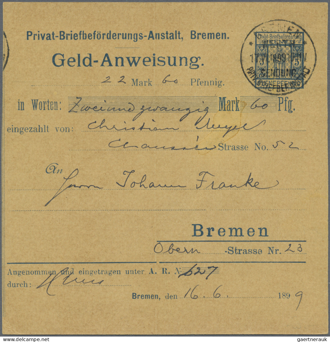 Deutsches Reich - Privatpost (Stadtpost): 1886/1900, BREMEN/Briefbeförderungsans - Postes Privées & Locales