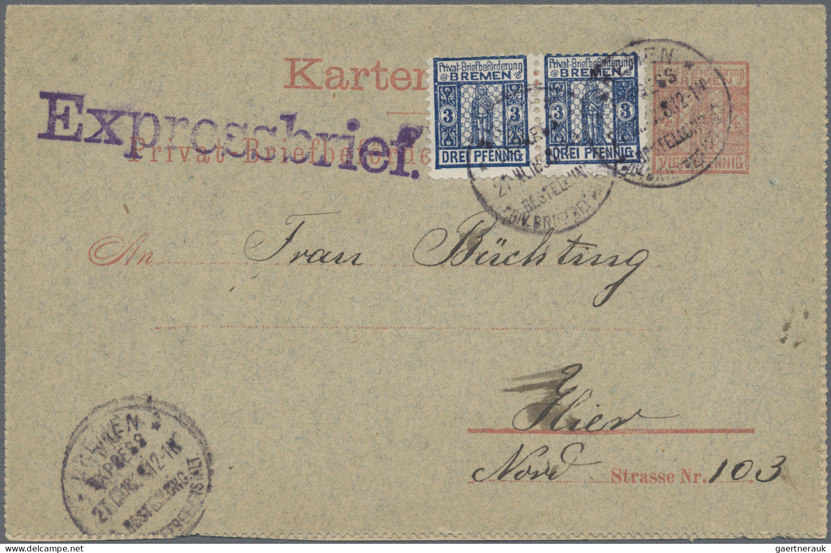 Deutsches Reich - Privatpost (Stadtpost): 1896, BREMEN/Privat-Beförderungsanstal - Privatpost