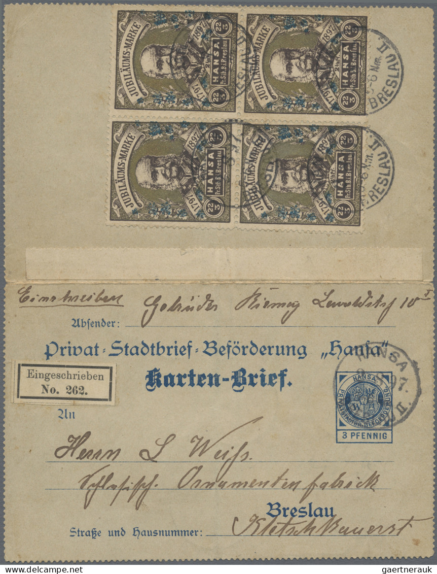 Deutsches Reich - Privatpost (Stadtpost): 1897 BRESLAU/Hansa, 3 Pf. Blau Kartenb - Private & Lokale Post