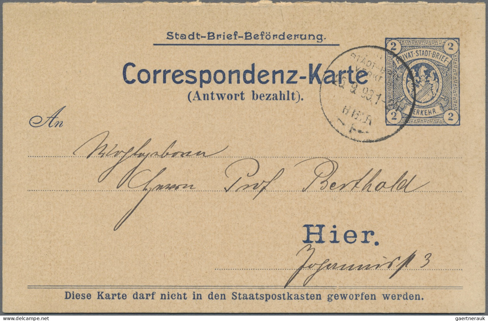 Deutsches Reich - Privatpost (Stadtpost): 1899 "Fürth - Privatpost": Ganzsachend - Private & Lokale Post