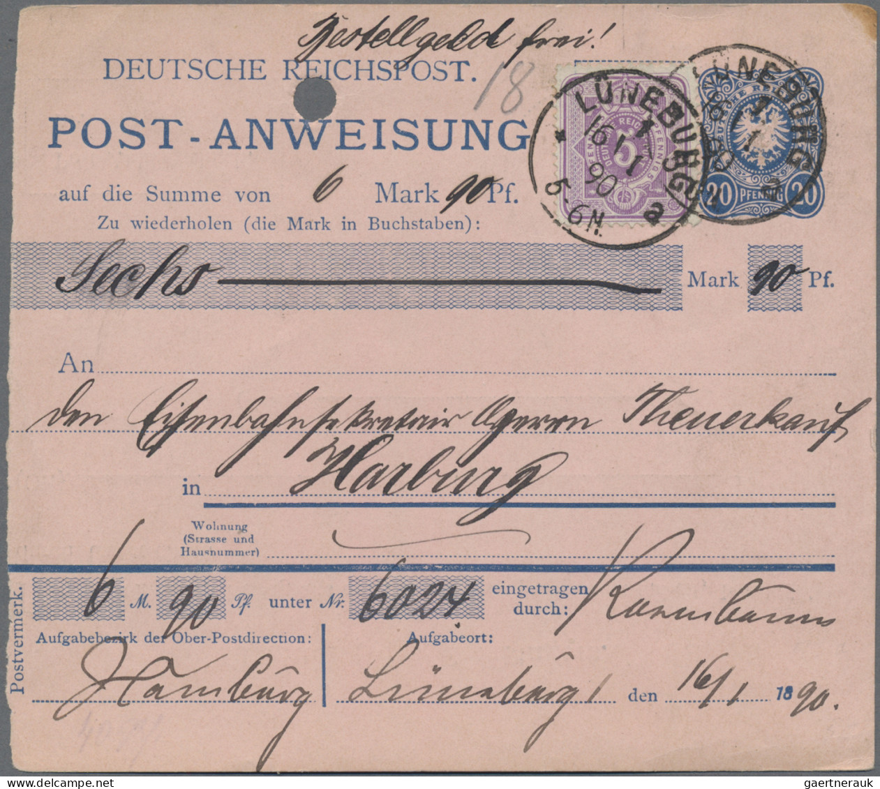 Deutsches Reich - Ganzsachen: 1888, 20 Pf Blau Postanweisung über 6 Mark 90 Pfen - Sonstige & Ohne Zuordnung