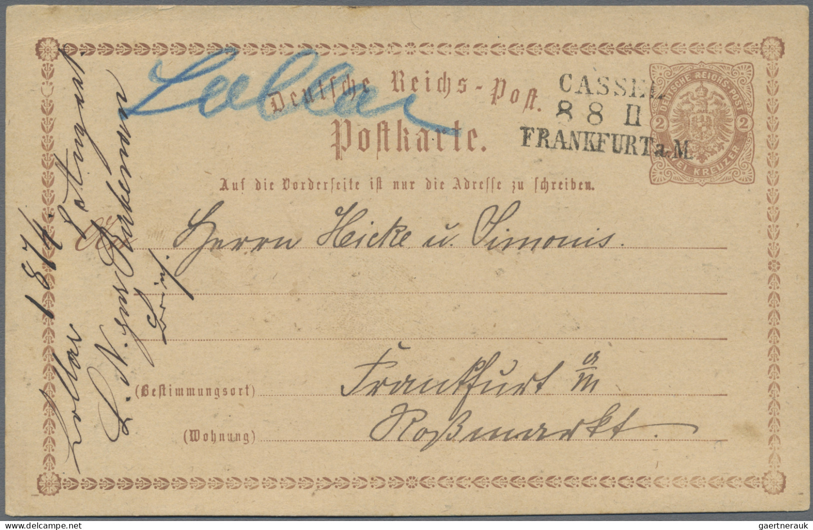 Deutsches Reich - Bahnpost: CASSEL - FRANKFURT A/M, L 3 Schwarz Auf Postkarte 2 - Other & Unclassified