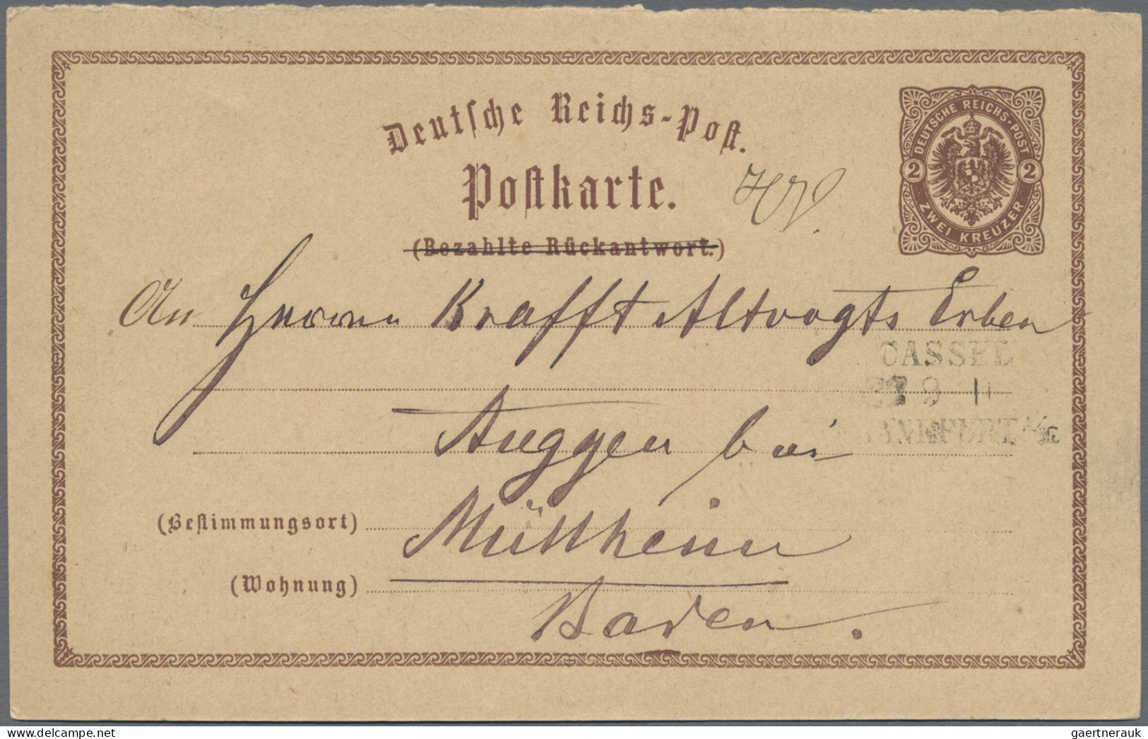 Deutsches Reich - Bahnpost: CASSEL - FRANKFURT, L 3 Schwarz Auf Postkarte 2 Kr. - Autres & Non Classés