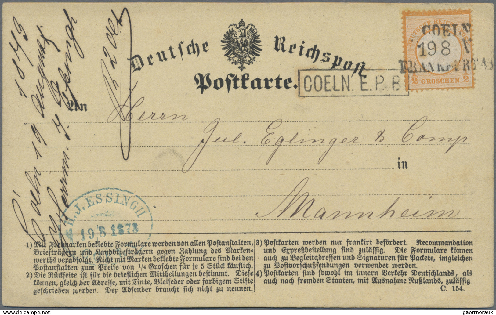 Deutsches Reich - Bahnpost: COELN - FRANKFURT A/M, L 3 Schwarz Auf ½ Gr., Großer - Other & Unclassified