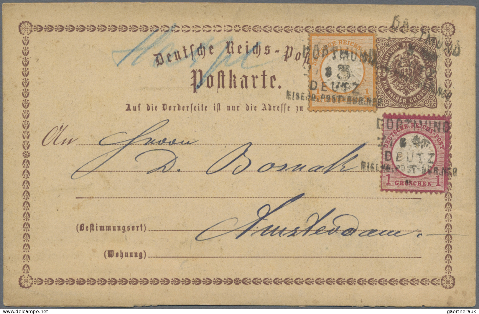 Deutsches Reich - Bahnpost: DORTMUND - DEUTZ, L 3 Auf Postkarte ½ Gr., Zufrankie - Andere & Zonder Classificatie