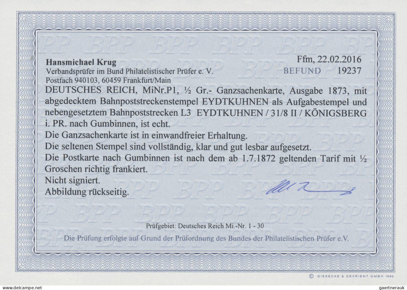 Deutsches Reich - Bahnpost: EYDTKUHNEN - KÖNIGSBERG I. Pr., L 3 Schwarz Nebenges - Otros & Sin Clasificación