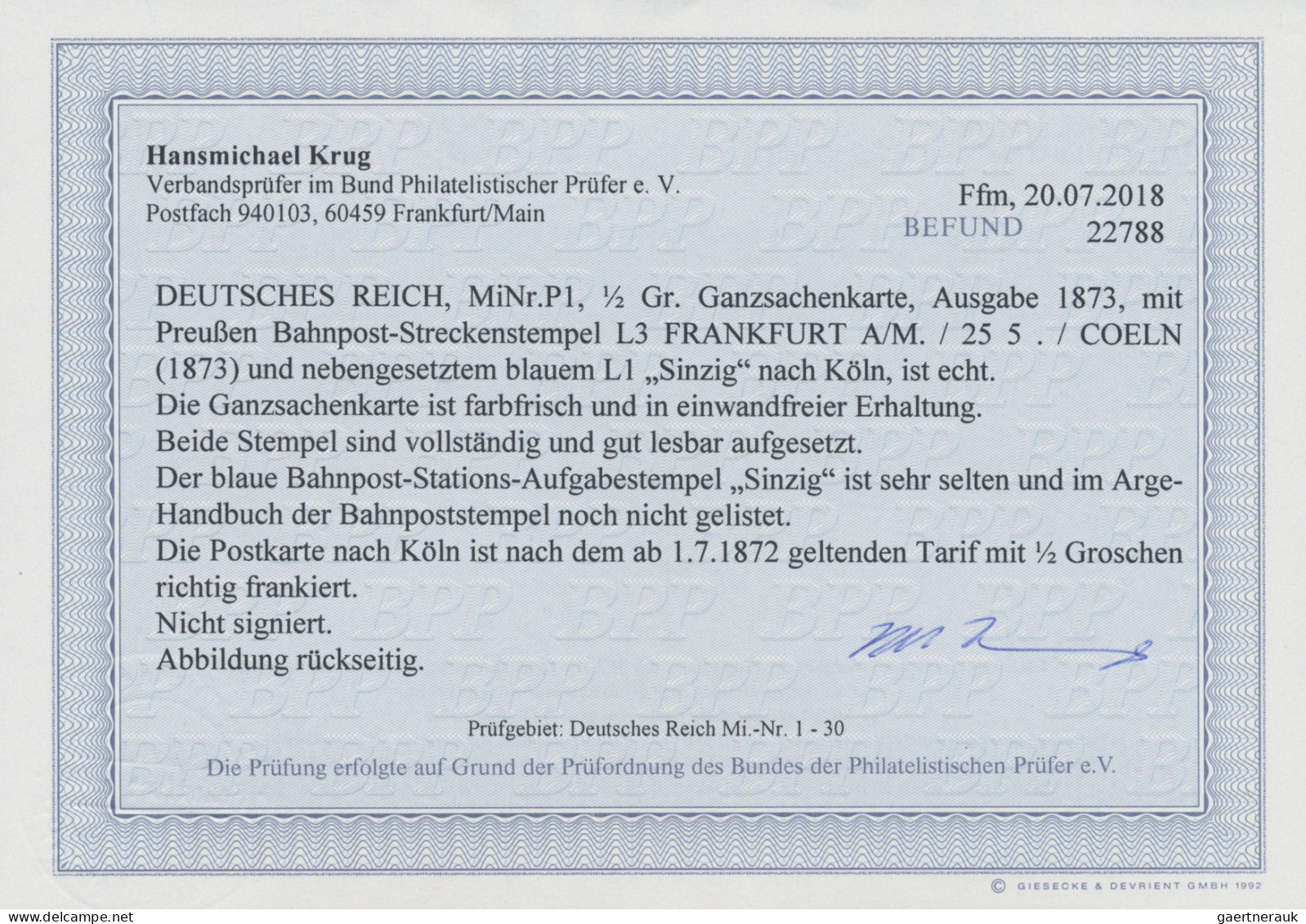 Deutsches Reich - Bahnpost: FRANKFURT A/M - COELN, L 3 Schwarz Auf Postkarte ½ G - Altri & Non Classificati